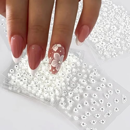 30 Sheets 3D White Flower Nail Art Stickers Self-Adhesive Floral Decals