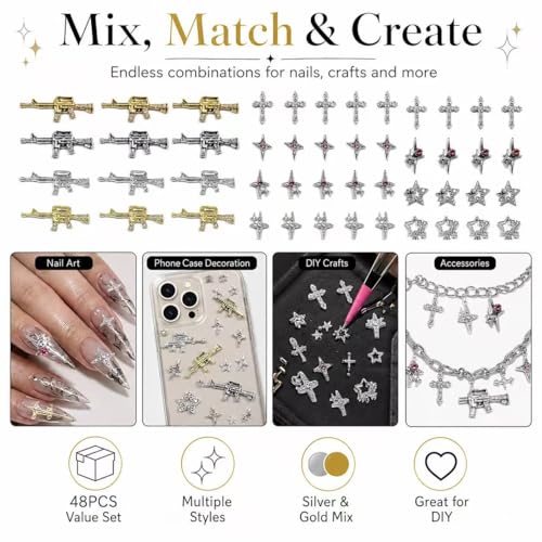 GAWRJ 48PCS Y2K Metal Star & Cross Rhinestone Nail Art Charms