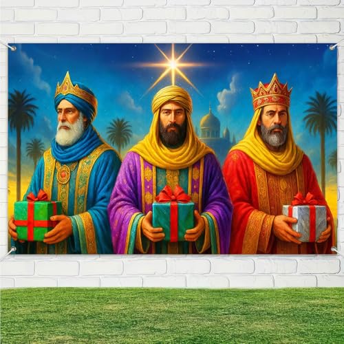 Christmas Nativity Banner 71x43 Inch Three Wise Men Holy Night Backdrop - Red-Green