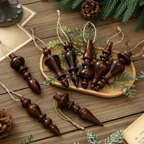 Wooden Christmas Ornaments Set - Brown Finials, 8 Pcs Holiday Decor