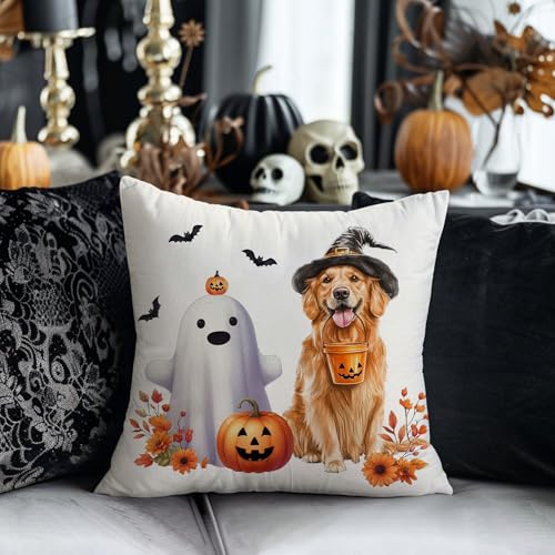 Halloween Pillow Covers Set of 2 - 18x18 Inch Ghost & Dog Decor