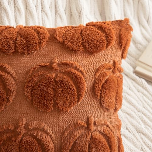 MIULEE Fall Pumpkin Pillow Covers 18x18, Dark Rust Faux Fur (Set of 2)