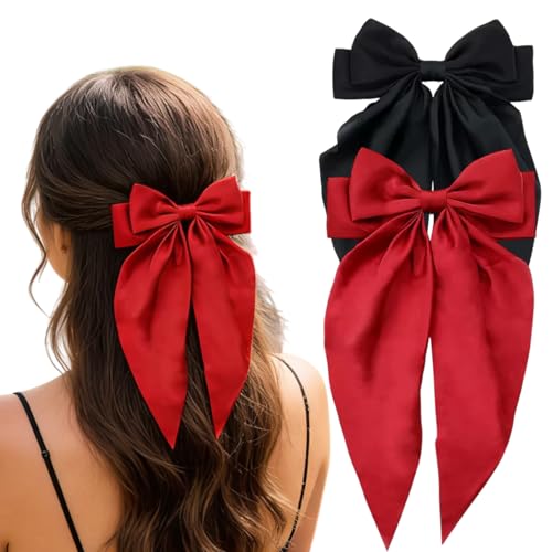 Satin Hair Bows with Long Tails and Claw Clips for Women 2pcs