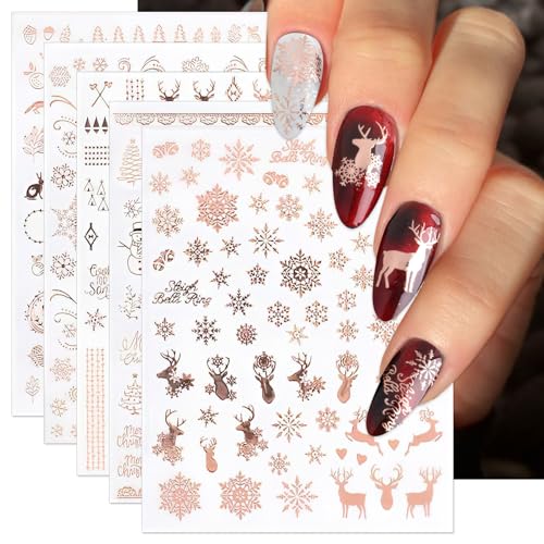 IDDFEVE Christmas Nail Stickers 6 Sheets Rose Gold 3D Snowflake Elk Decals