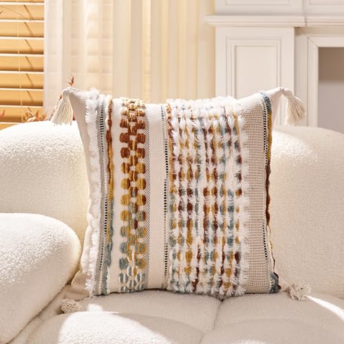 HZTLIN White-Brown Stripe 18x18in Chenille Throw Pillow Cover Bohemian Decor