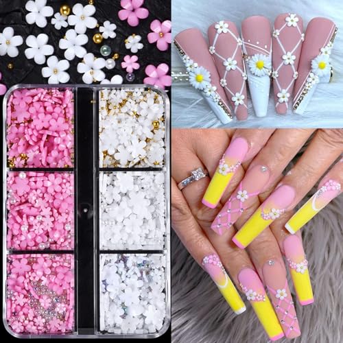 La Jolie Jasmin Pink and White Flower Nail Charms with Rhinestones, Pearls, and Caviar Beads for 3D Nail Art and DIY Crafts