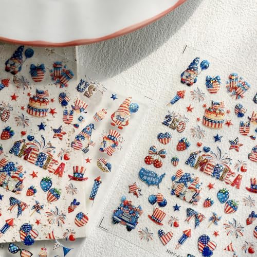 KRTBKR 5D Embossed 4th of July Nail Stickers American Flag Patriotic Decals