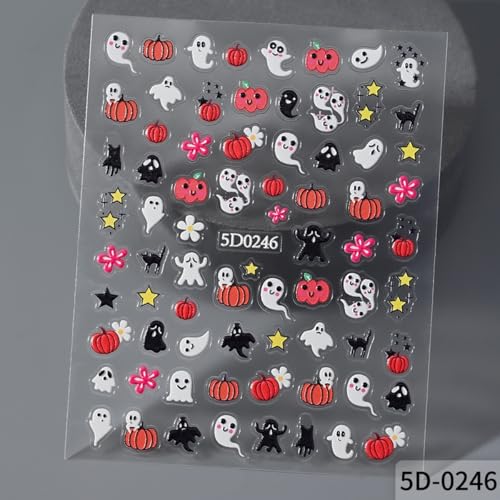 OSTTMA 3 Sheets 5D Embossed Halloween Nail Art Stickers - Horror Ghost, Pumpkin, Bat & Skull Self-Adhesive Decals for Manicure
