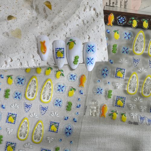 Tephrent 3 Sheets 5D Embossed Summer Fruit Lemon & Floral Nail Stickers