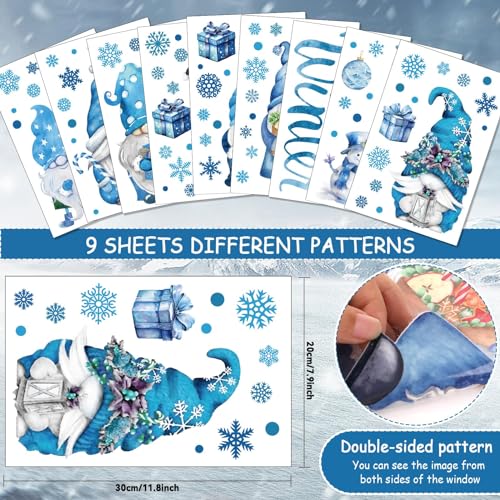 Hello Winter Gnome Window Stickers 131-Piece Watercolor Snowflake Decals - Blue Gnomes Christmas Decor