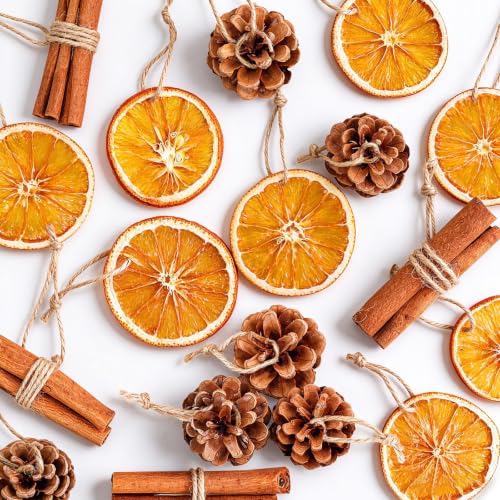 Dried Orange Slices & Pinecones Christmas Ornaments Set with Cinnamon & Hemp Rope