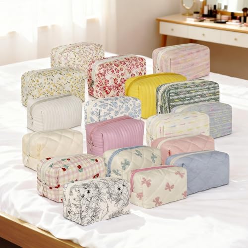 Gosect Quilted Cotton Makeup Bag - Yellow Floral Travel Cosmetic Pouch