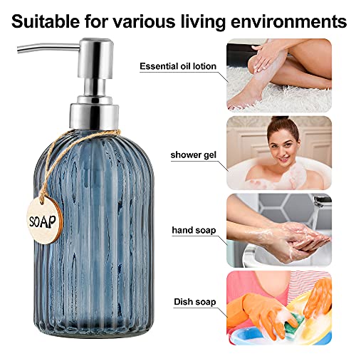 MOCLIF 16 oz Tempered Glass Soap Dispenser, Blue Grey Vertical Stripe