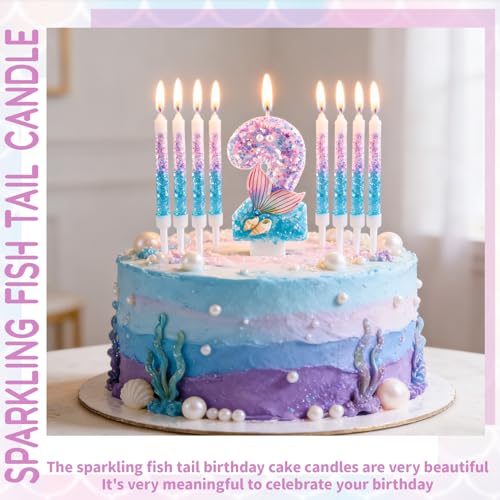 HUIYOULAI Mermaid Number 2 Birthday Candle Set with 6 Tall Candles