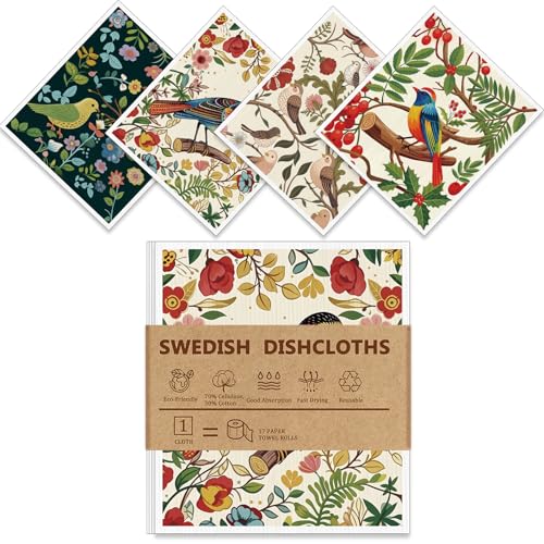 Reusable Swedish Dishcloths - 4 Pack, Super Absorbent & Washable