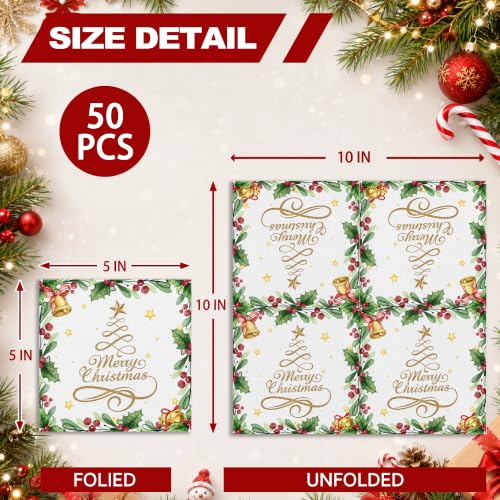 Merry Christmas 50 Pack Disposable Paper Napkins - Gold Bells & Holly Decor