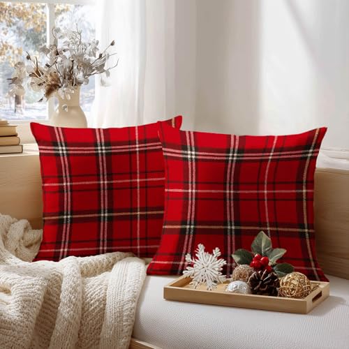 HOMETITUTE Set of 2 Christmas Rustic Plaid Throw Pillow Covers 18x18 Inch - Variation #04