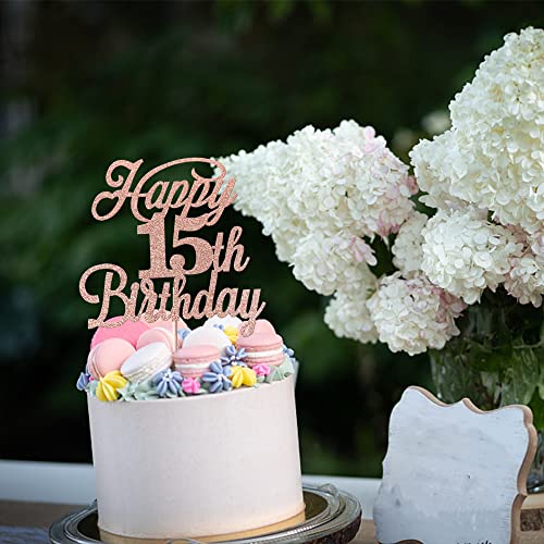 Rose Gold Glitter 15th Birthday Cake Topper - 15 & Fabulous Party Decoration