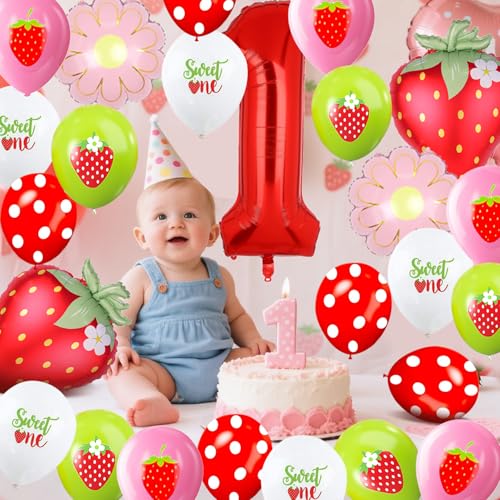 25 Pcs Strawberry Balloons Set with 40 Inch Red Number 1 Foil