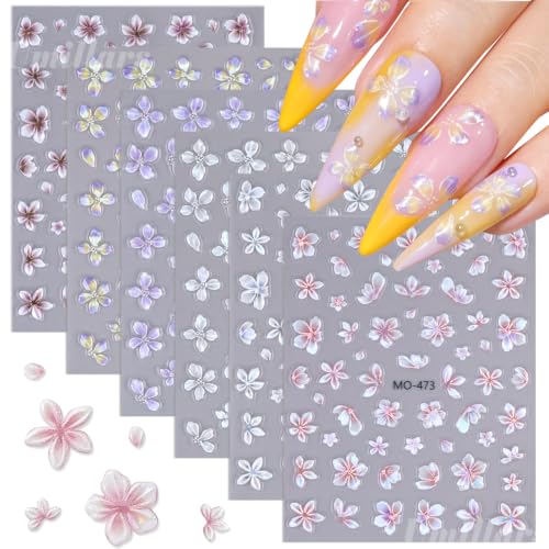 Umillars 5D Embossed Floral Nail Stickers - 6 Sheets Self-Adhesive Flower Nail Decals for DIY Manicure