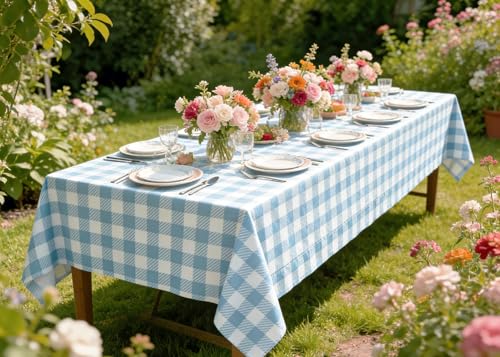 Blue Checkered Tablecloth 54x108 Inch - Waterproof Disposable Cover