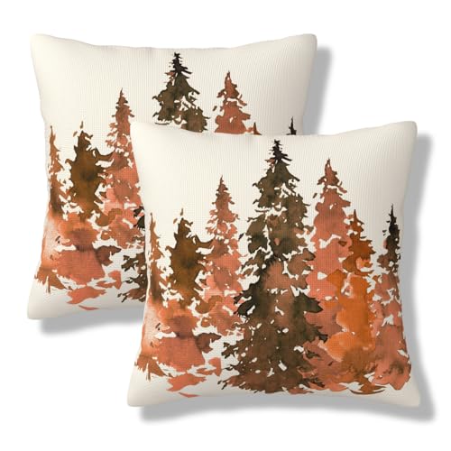 Burnt Orange Fall Tree Pillow Cover Set of 2 | 18x18 Inch Rustic Cushion Cases