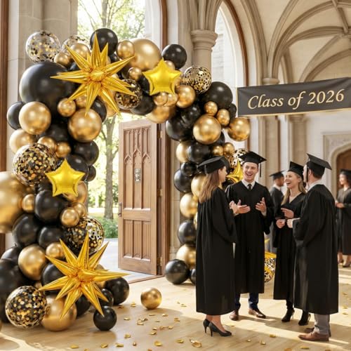 Black and Gold Balloon Garland Arch Kit - 138pcs Graduation Party Decor