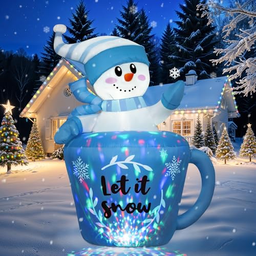 OurWarm 5FT Christmas Inflatable Snowman in Mug - Blue Snowman Yard Decor with Built-in LEDs & Blower