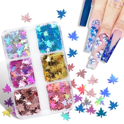 Fall Maple Leaf Nail Art Sequins - 6 Grid Holographic Autumn Glitter Set