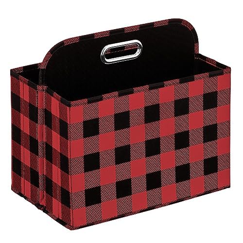mDesign Holiday Storage Box for Gift Wrapping and Bows with Compartments and Handle - Christmas Organizer Tote for Ribbons - Divided Container for Crafts and Stationary - Buffalo Plaid, Red/Black