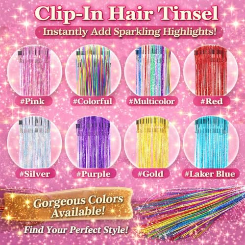 EROADE Clip-In Hair Tinsel 22-Inch 12 Pcs Rainbow Fairy Glitter Extensions