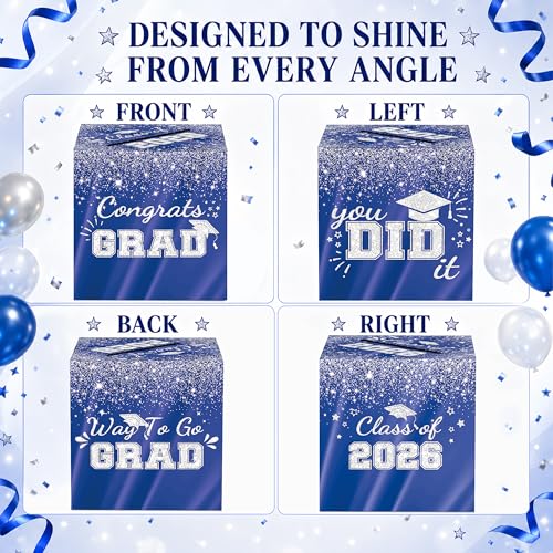 Blue Silver Graduation Card Box - 2026 Glitter Party Decor 8.7"