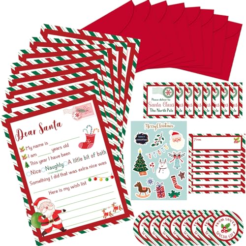 Christmas Letter to Santa Kit - 8 Sets with Envelopes, Labels & Stickers