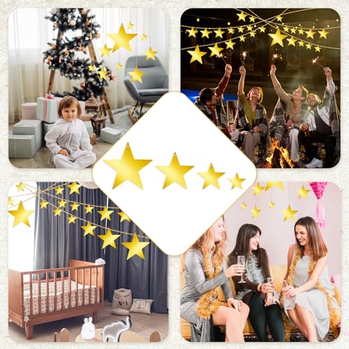 24Pcs Gold Hanging Star Decorations - Glitter Cardboard Cutouts with String