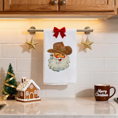 Western Christmas Santa Kitchen Towels - Cowboy Hat Holiday Dish Hand Towels with Variation Sd-4