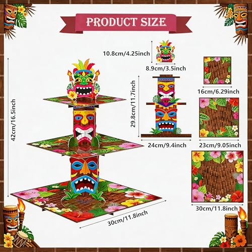 Hawaiian Cupcake Stand - 3 Tier Tiki Cake Holder for Luau Parties