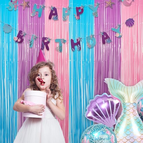 GREATRIL Pastel Tinsel Backdrop - Blue Purple Pink Fringe Curtain for Party