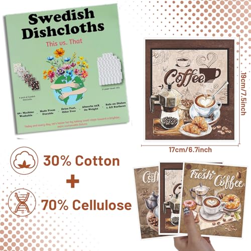 Reusable Swedish Dishcloths - Coffee Theme - 6 Pack Absorbent Cellulose
