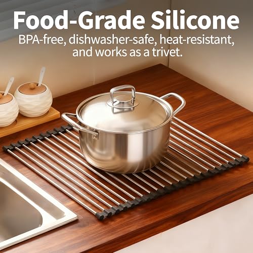 TYZUIAW Roll-Up Dish Drying Rack, 17.5"x11.8" Foldable Stainless Steel Drainer