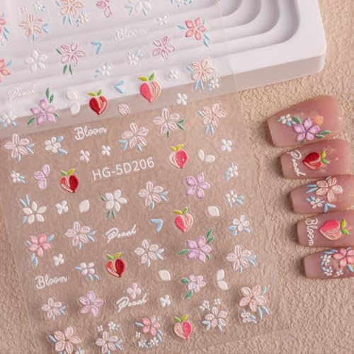 5D Embossed Flower Nail Art Stickers - Colorful Daisy Floral Decals Set (6 Sheets)