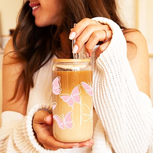 Pink Butterfly Glass Cup with Lids and Straws - Trendy Iced Coffee Tumbler - Variation 08-Pink Butterfly