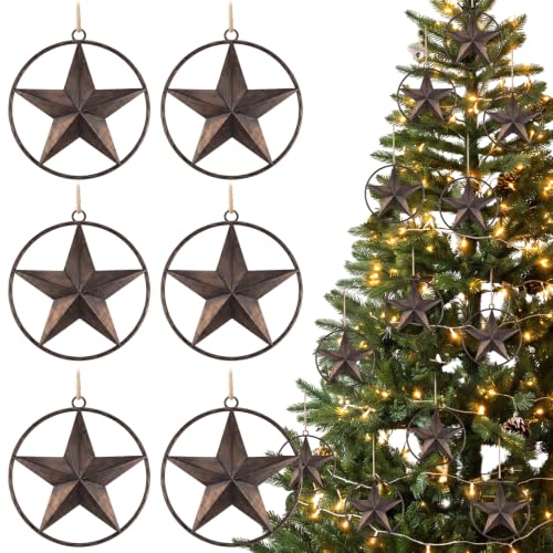 Western Metal Christmas Star Tree Ornaments – Rustic Cowboy Holiday Decor, Set of 6