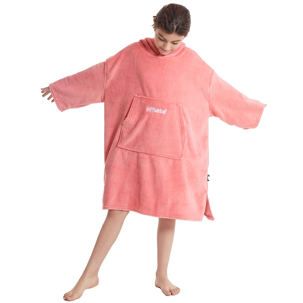 Hiturbo Kids Towel Changing Robe: Soft Plush Wearable Blanket - Warm Coral Fleece Hoodie - Swim Surf Poncho for 5-12 Years (Pink)