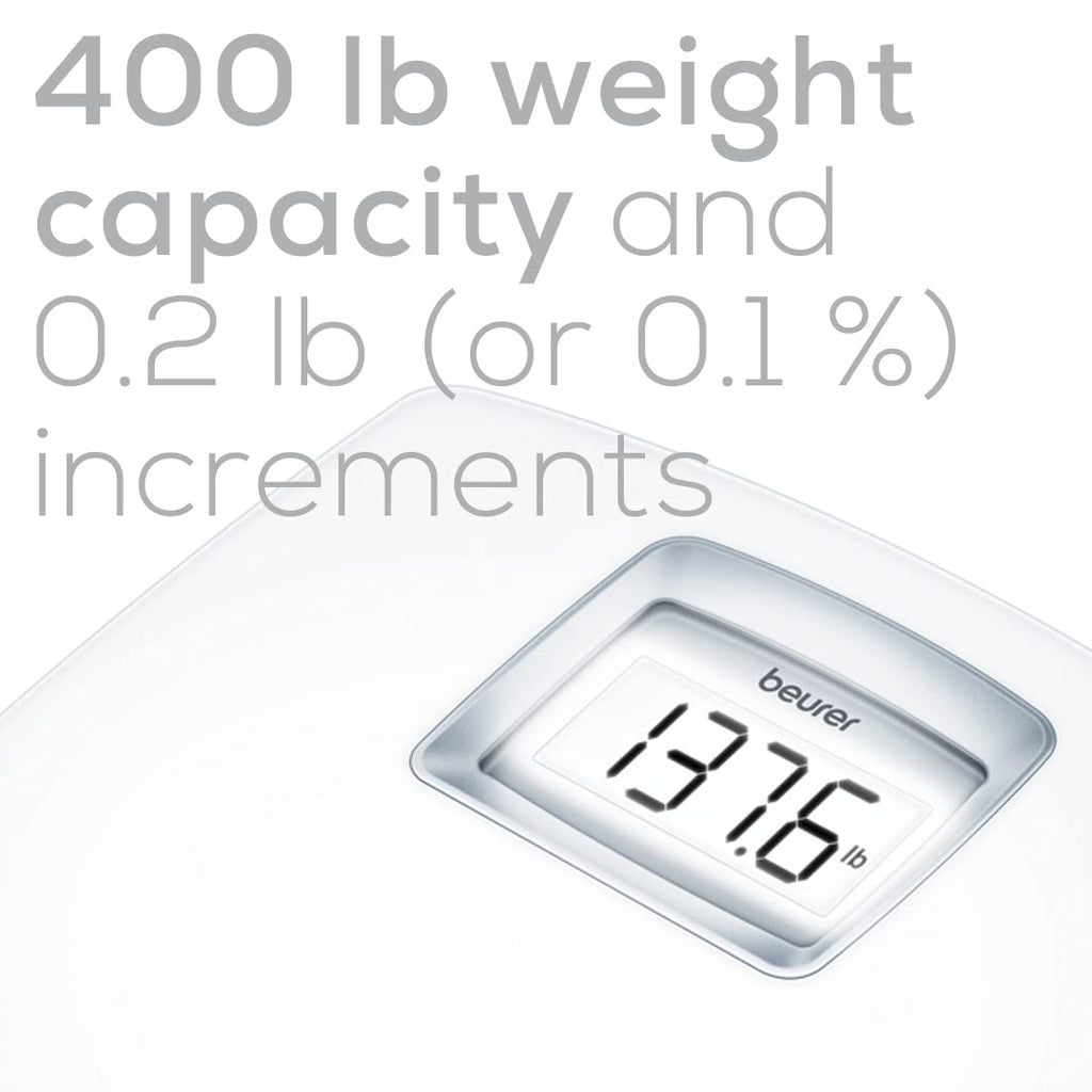 Beurer PS25 Digital Bathroom Scale for Body Weight – 400lb Capacity, Auto-Calibrate, XL Backlit Display – Glass, Precise and Accurate Body Scale