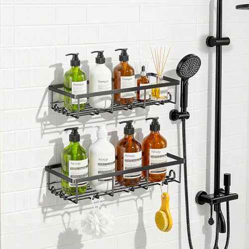 Oasiteege Large Adhesive Shower Caddy - 2 Pack Black Rustproof Wall Shelves