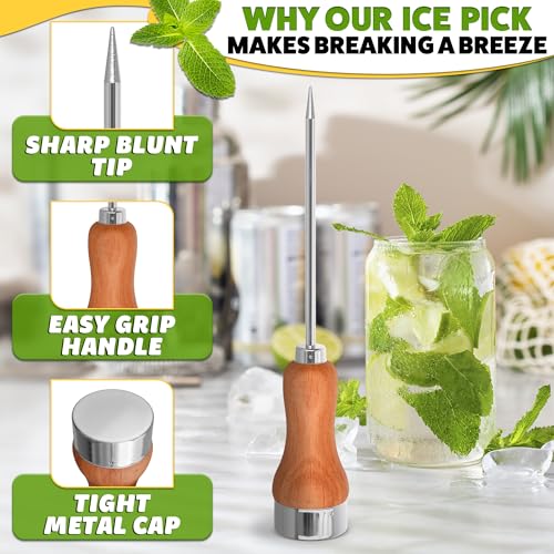Stainless Steel Ice Pick - 8.07 Inch with Wooden Handle for Easy Ice Breaking