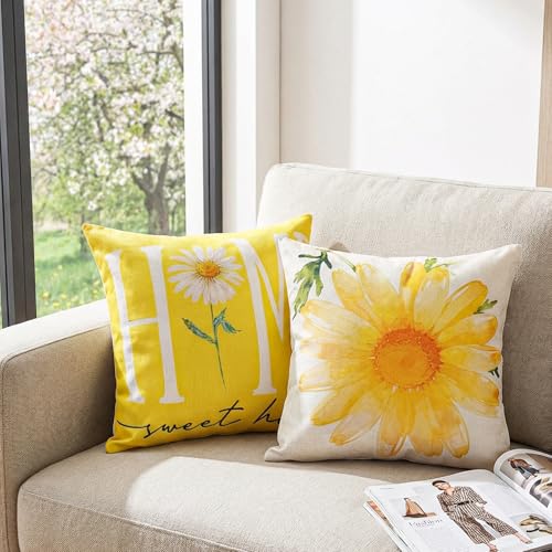 Sunflower Throw Pillow Covers 18x18, Spring Summer Cushion Cases (4 Pack)