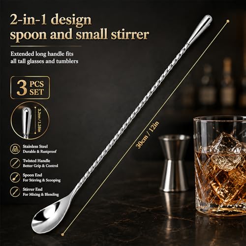 AVZ 12-Inch Stainless Steel Bar Spoons - 3-Piece Twisted Handle Mixing Set