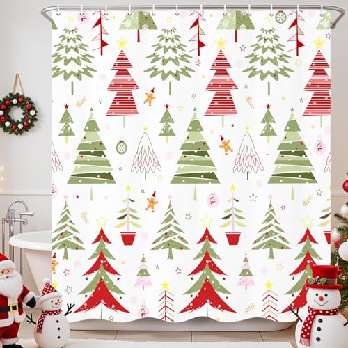 Christmas Tree Shower Curtain with Snowmen Stars & Snowflakes - 72x72 Inches, Pack of 1