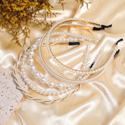 Bremorou 5 Pack Faux Pearl Headbands for Women Non Slip Hair Hoops